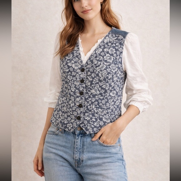 Vintage Jackets & Blazers - Vintage Floral Denim Vest Prairie Button Front Waistcoat Made in Canada
